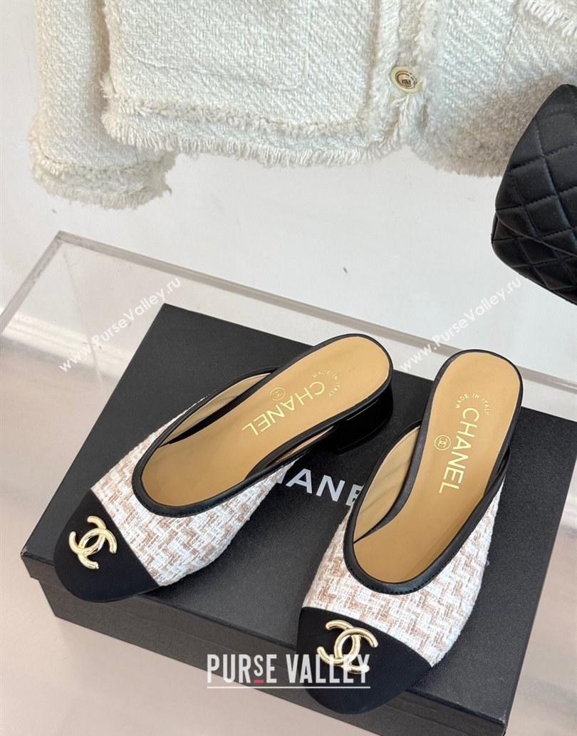 Chanel Tweed Heel Mules White/Black/Brown 2025 CH061014 (MD-250610082)