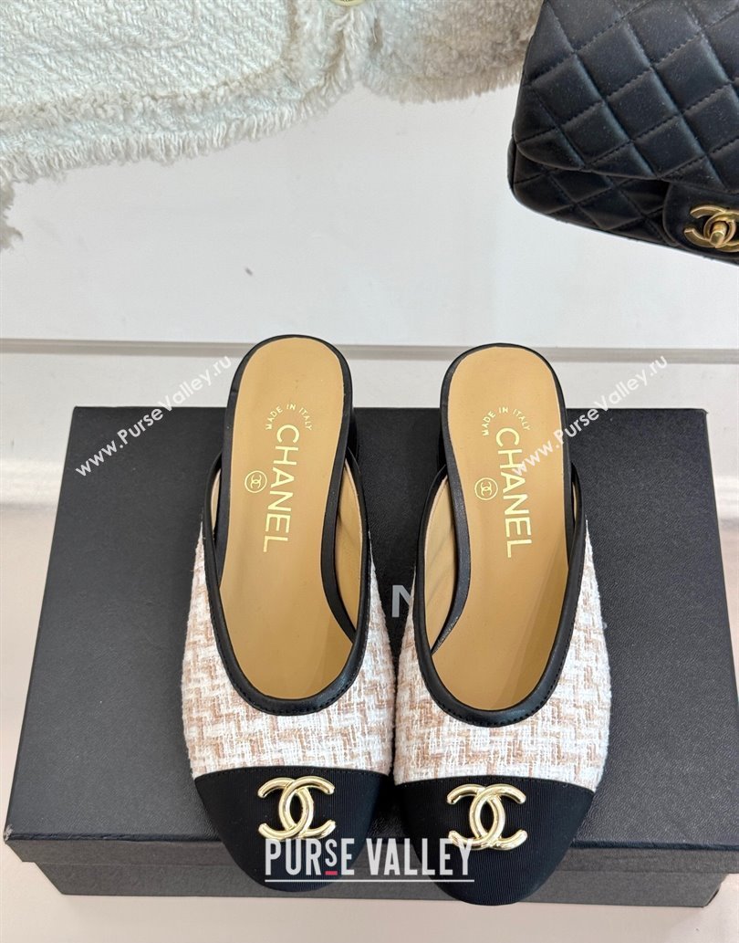 Chanel Tweed Heel Mules White/Black/Brown 2025 CH061014 (MD-250610082)