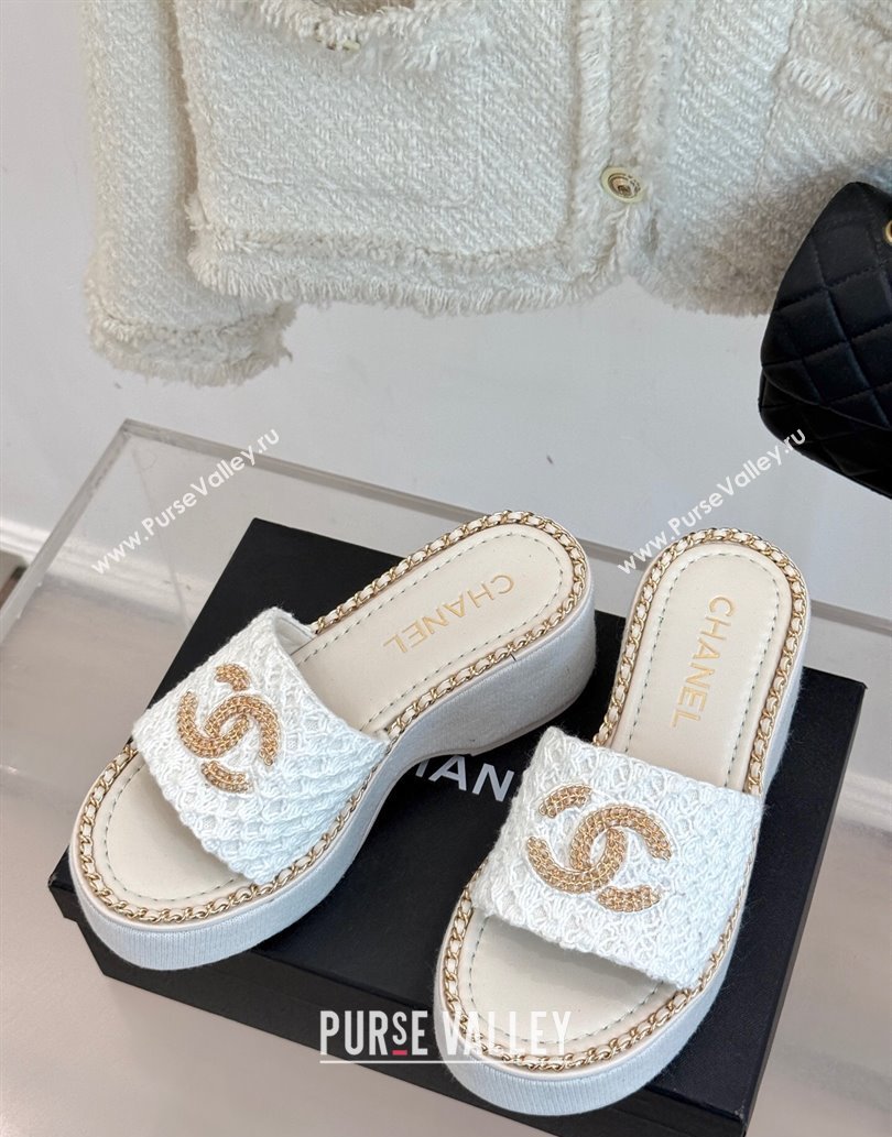 Chanel Knit Wedge Slides Sandal with Chain White 2025 CH061001 (MD-250610003)
