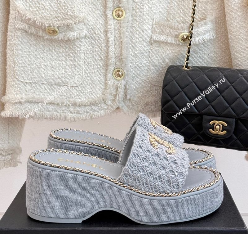 Chanel Knit Wedge Slides Sandal with Chain Grey 2025 CH061001 (MD-250610002)