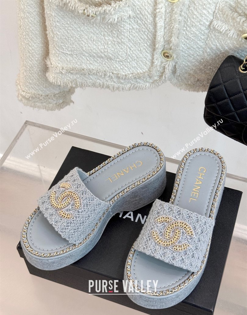 Chanel Knit Wedge Slides Sandal with Chain Grey 2025 CH061001 (MD-250610002)