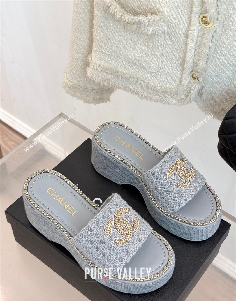 Chanel Knit Wedge Slides Sandal with Chain Grey 2025 CH061001 (MD-250610002)