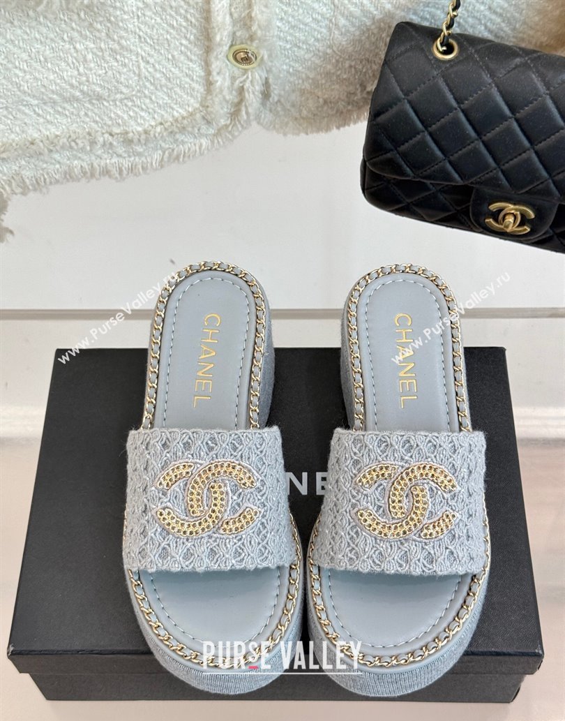 Chanel Knit Wedge Slides Sandal with Chain Grey 2025 CH061001 (MD-250610002)