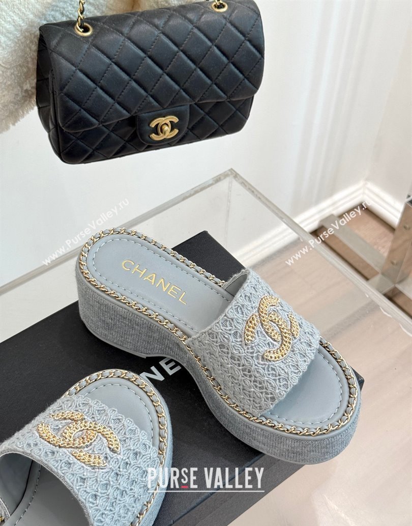 Chanel Knit Wedge Slides Sandal with Chain Grey 2025 CH061001 (MD-250610002)