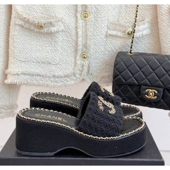Chanel Knit Wedge Slides Sandal with Chain Black 2025 CH061001 (MD-250610001)