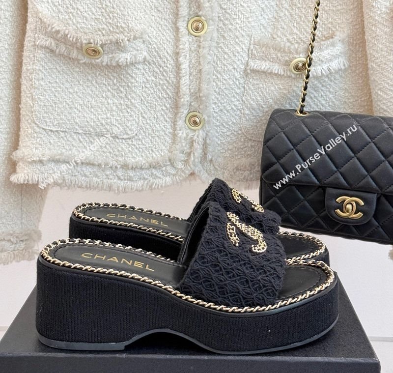 Chanel Knit Wedge Slides Sandal with Chain Black 2025 CH061001 (MD-250610001)