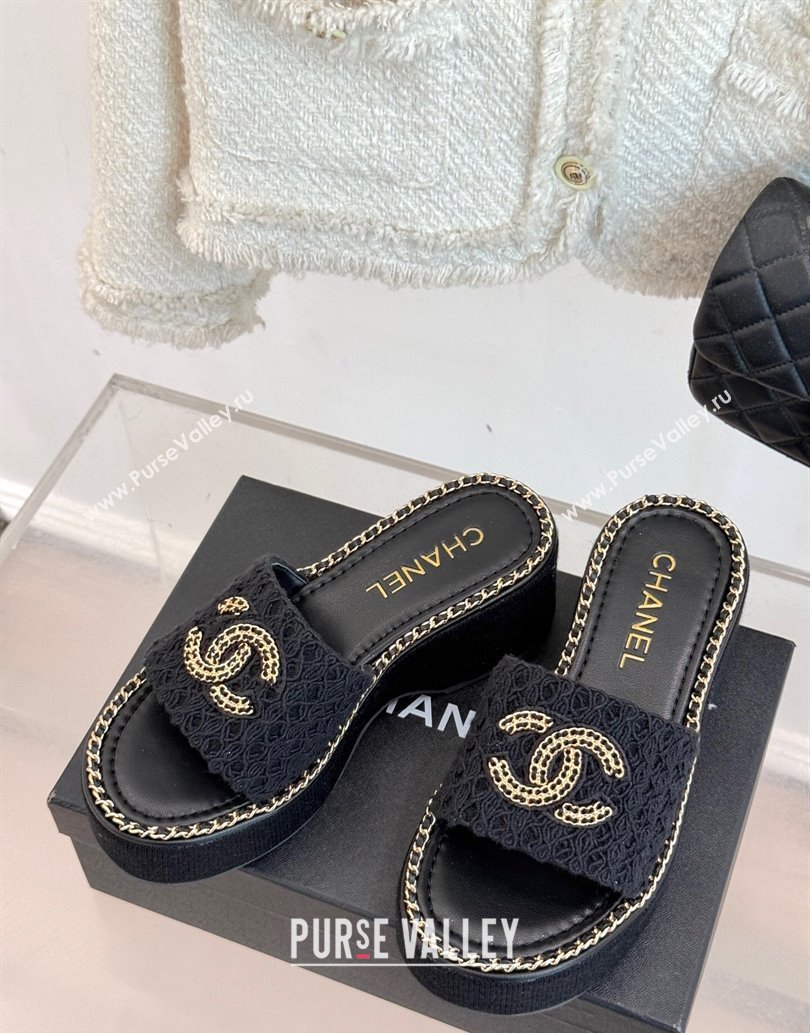 Chanel Knit Wedge Slides Sandal with Chain Black 2025 CH061001 (MD-250610001)