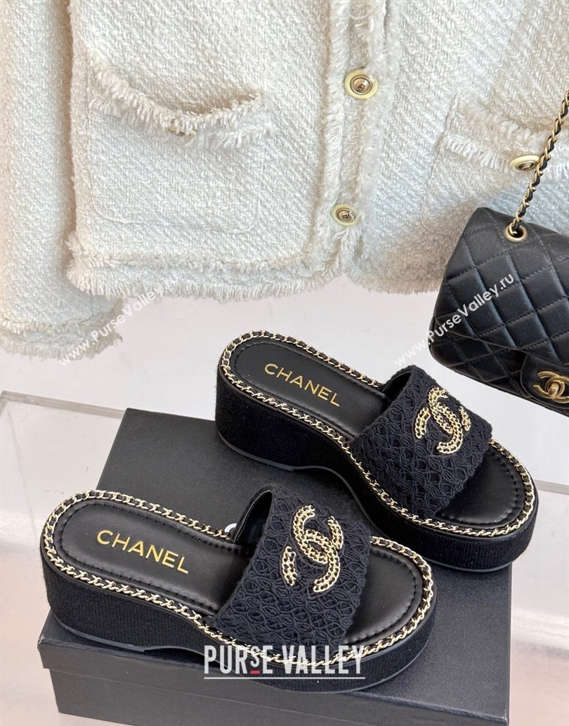 Chanel Knit Wedge Slides Sandal with Chain Black 2025 CH061001 (MD-250610001)