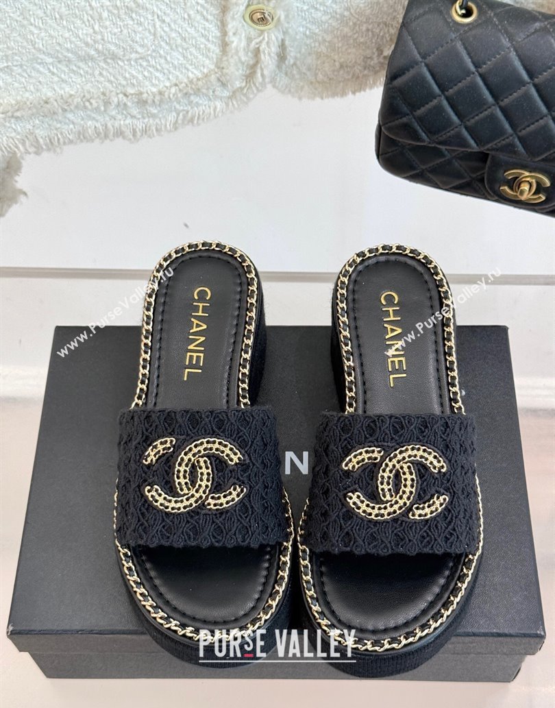 Chanel Knit Wedge Slides Sandal with Chain Black 2025 CH061001 (MD-250610001)