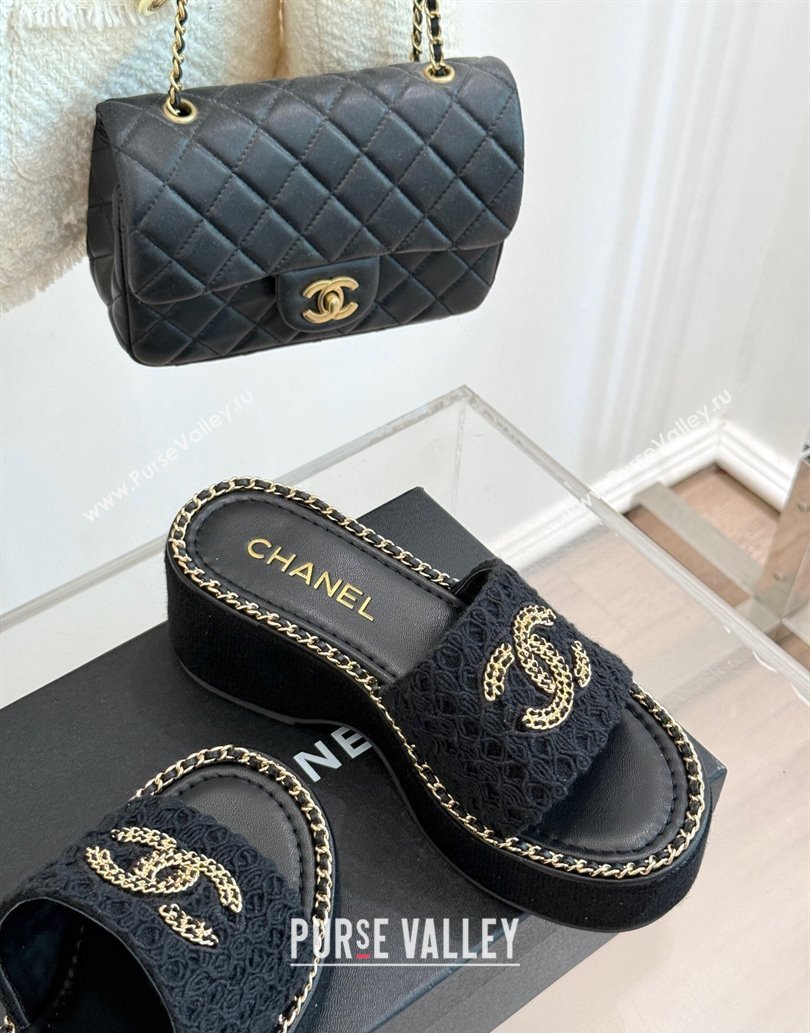 Chanel Knit Wedge Slides Sandal with Chain Black 2025 CH061001 (MD-250610001)