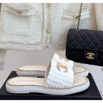 Chanel Knit Flat Slides Sandal with Chain White 2025 CH061001 (MD-250610004)