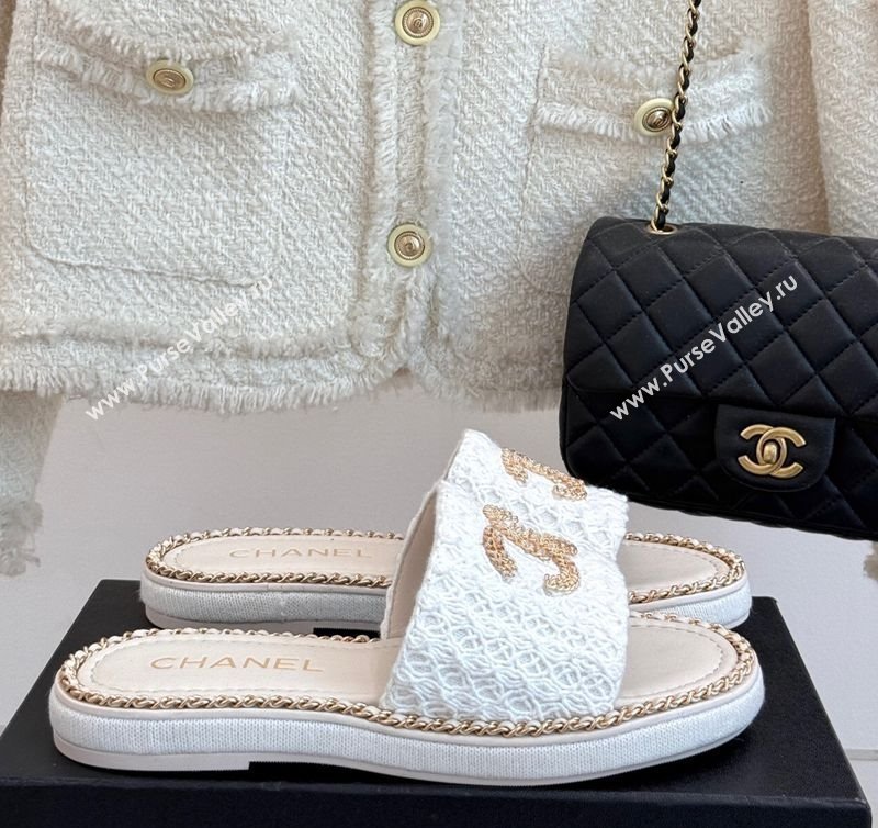 Chanel Knit Flat Slides Sandal with Chain White 2025 CH061001 (MD-250610004)