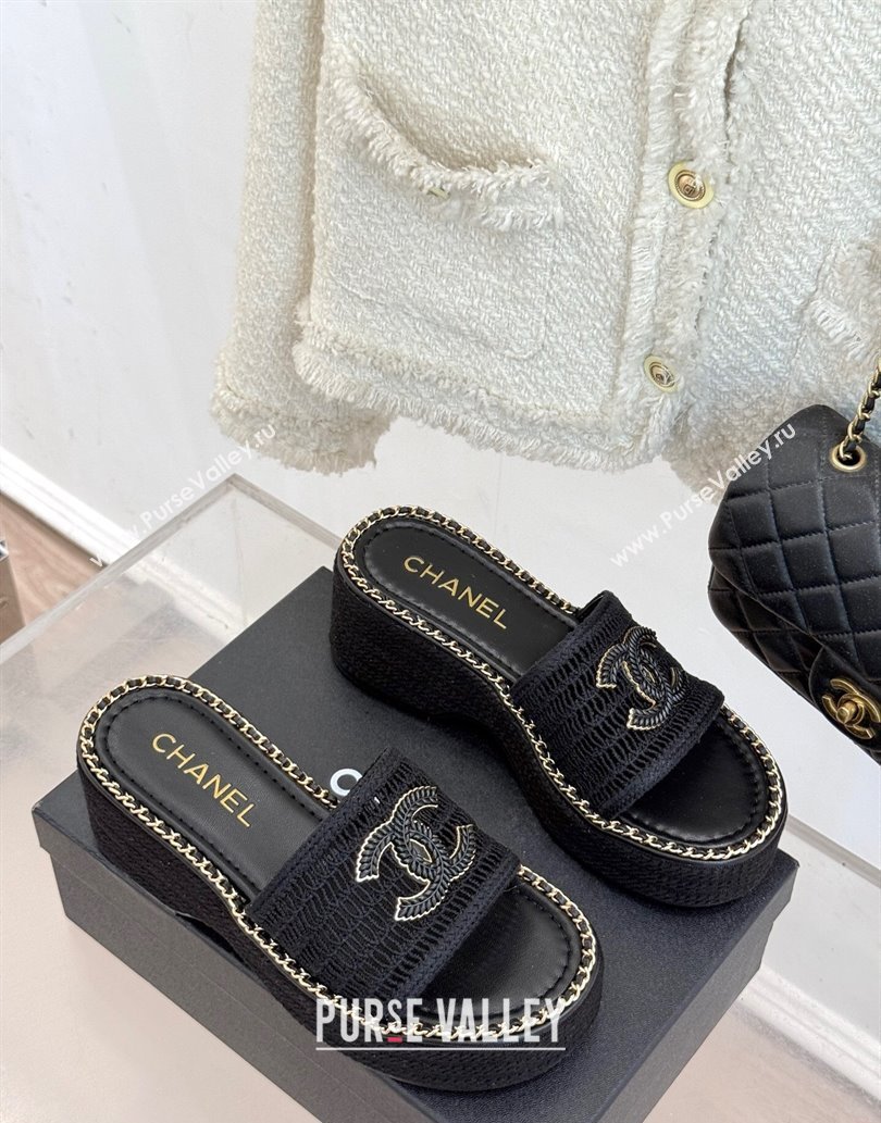 Chanel Crochet Wedge Slides Sandal with Chain Black2 2025 CH061004 (MD-250610012)