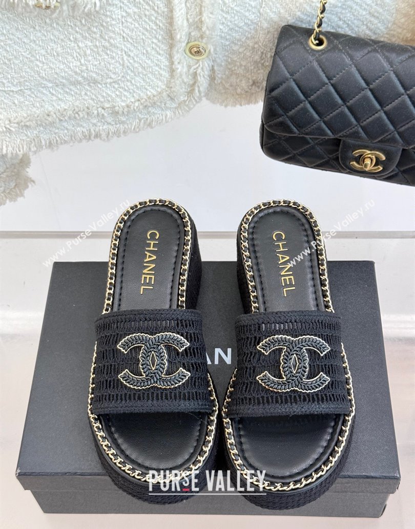 Chanel Crochet Wedge Slides Sandal with Chain Black2 2025 CH061004 (MD-250610012)