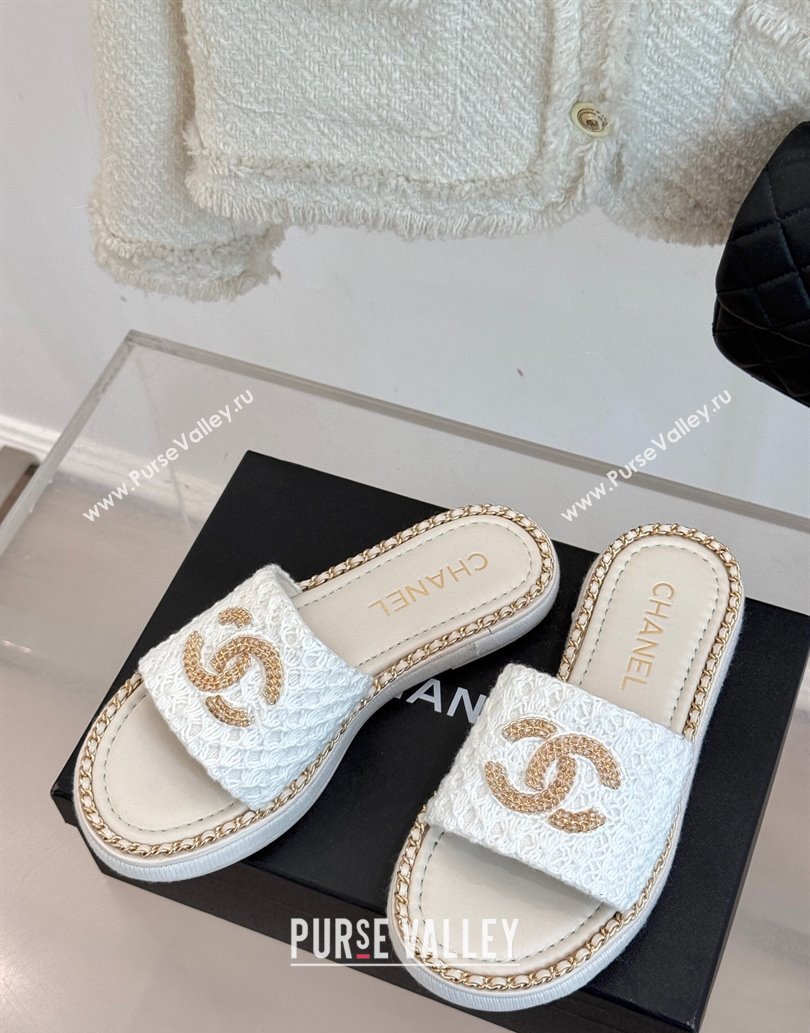 Chanel Knit Flat Slides Sandal with Chain White 2025 CH061001 (MD-250610004)