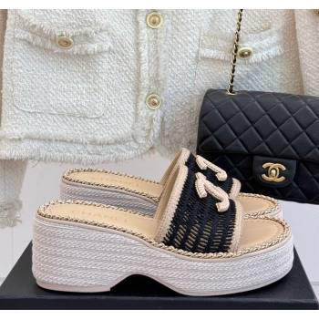 Chanel Crochet Wedge Slides Sandal with Chain Beige/Black 2025 CH061004 (MD-250610013)