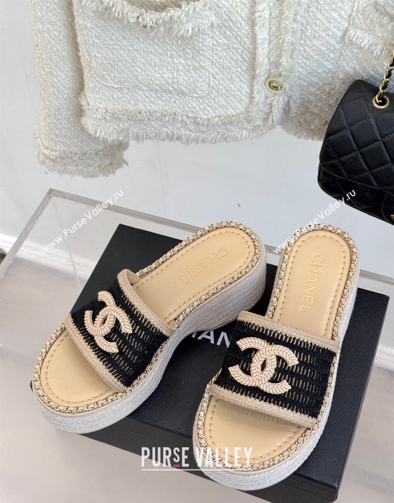 Chanel Crochet Wedge Slides Sandal with Chain Beige/Black 2025 CH061004 (MD-250610013)