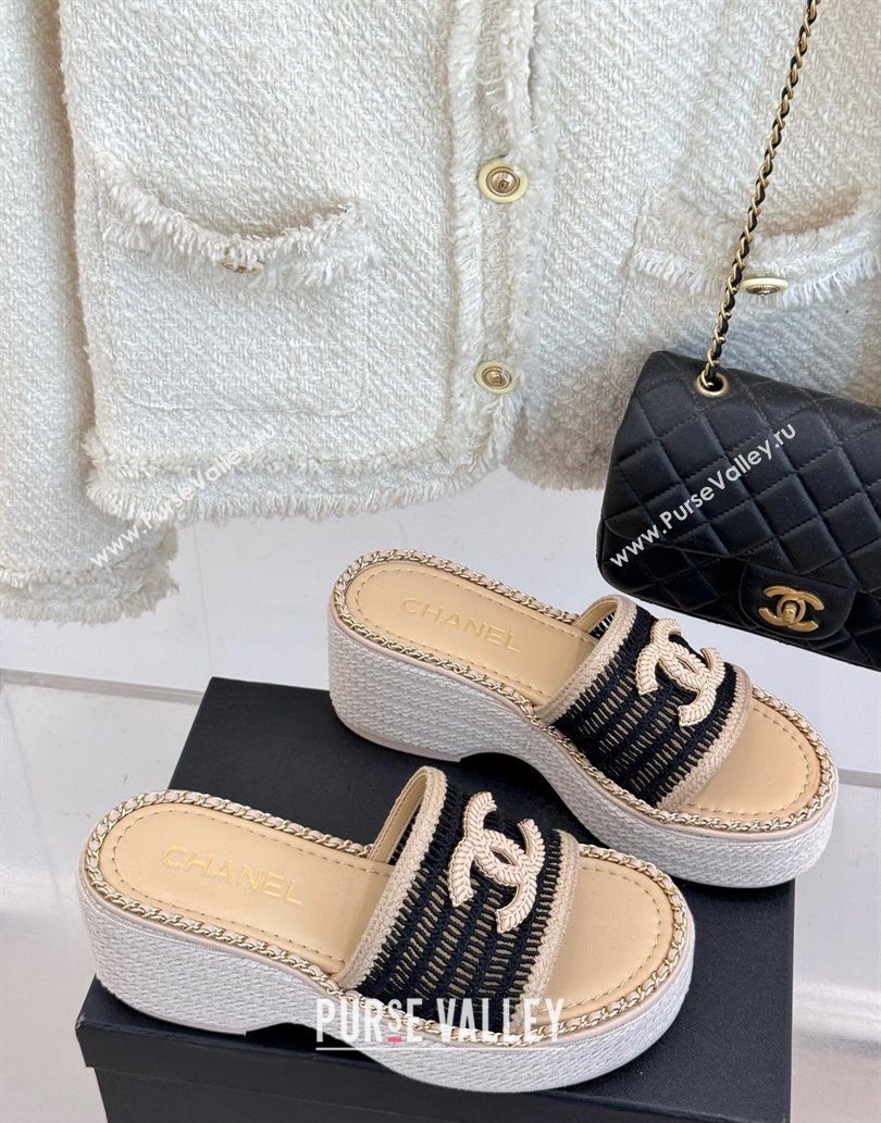 Chanel Crochet Wedge Slides Sandal with Chain Beige/Black 2025 CH061004 (MD-250610013)