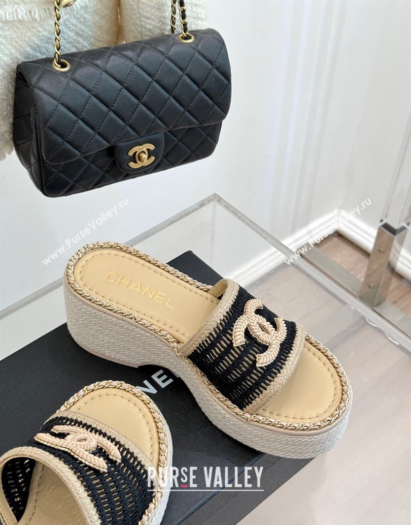 Chanel Crochet Wedge Slides Sandal with Chain Beige/Black 2025 CH061004 (MD-250610013)