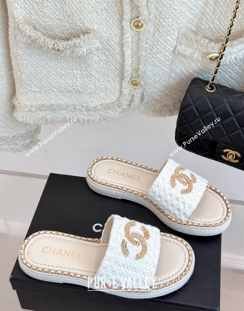 Chanel Knit Flat Slides Sandal with Chain White 2025 CH061001 (MD-250610004)