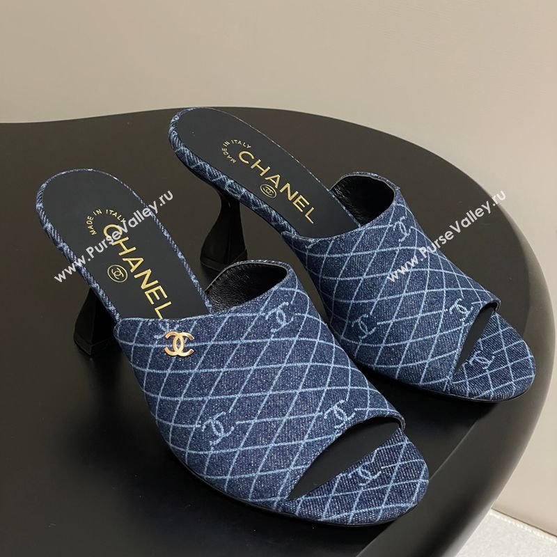Chanel Quilted Denim Heel Slides Sandal 8.5cm Navy Blue 2025 CH061015 (MD-250610093)