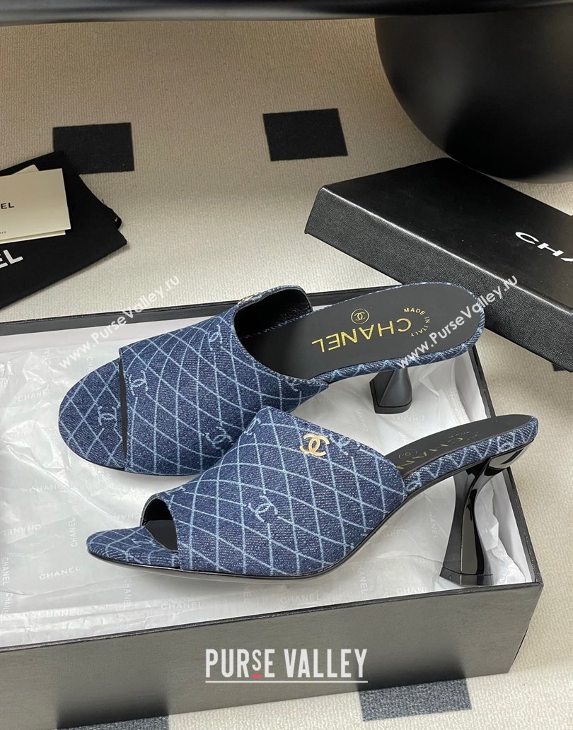 Chanel Quilted Denim Heel Slides Sandal 8.5cm Navy Blue 2025 CH061015 (MD-250610093)