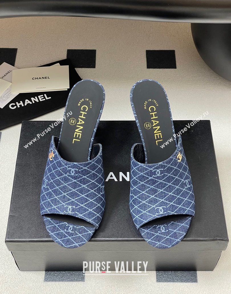 Chanel Quilted Denim Heel Slides Sandal 8.5cm Navy Blue 2025 CH061015 (MD-250610093)