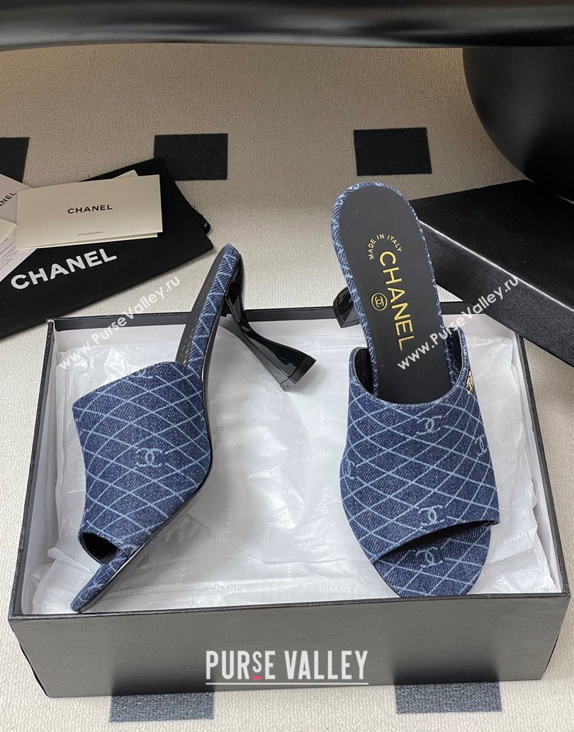 Chanel Quilted Denim Heel Slides Sandal 8.5cm Navy Blue 2025 CH061015 (MD-250610093)