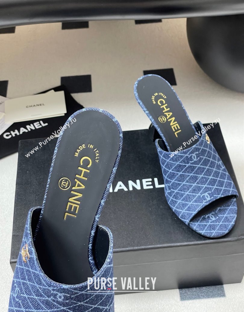 Chanel Quilted Denim Heel Slides Sandal 8.5cm Navy Blue 2025 CH061015 (MD-250610093)
