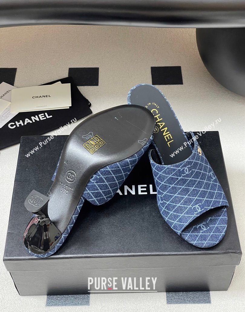 Chanel Quilted Denim Heel Slides Sandal 8.5cm Navy Blue 2025 CH061015 (MD-250610093)