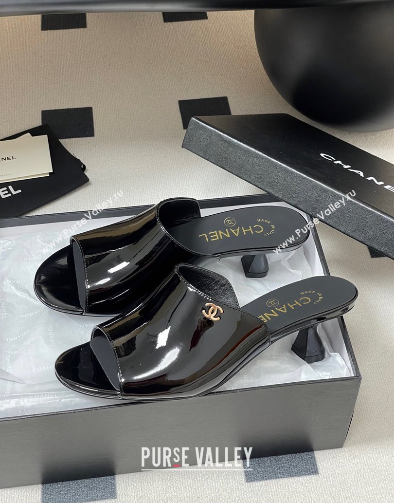 Chanel Patent Calfskin Heel Slides Sandal 5.5cm Black 2025 CH061015 (MD-250610090)