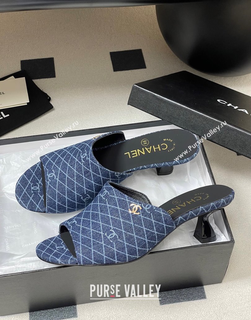 Chanel Quilted Denim Heel Slides Sandal 5.5cm Navy Blue 2025 CH061015 (MD-250610091)