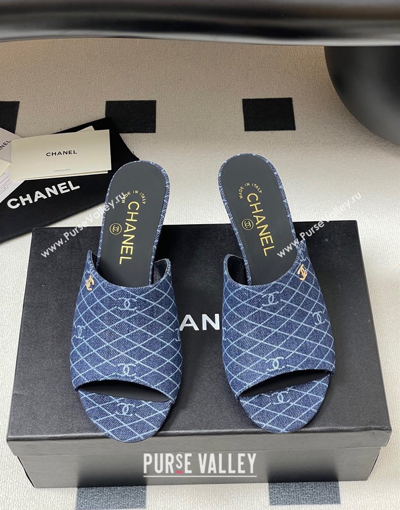 Chanel Quilted Denim Heel Slides Sandal 5.5cm Navy Blue 2025 CH061015 (MD-250610091)