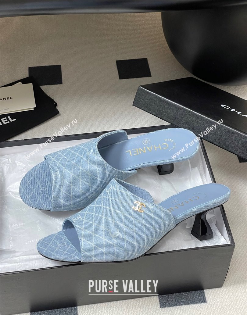 Chanel Quilted Denim Heel Slides Sandal 5.5cm Light Blue 2025 CH061015 (MD-250610098)