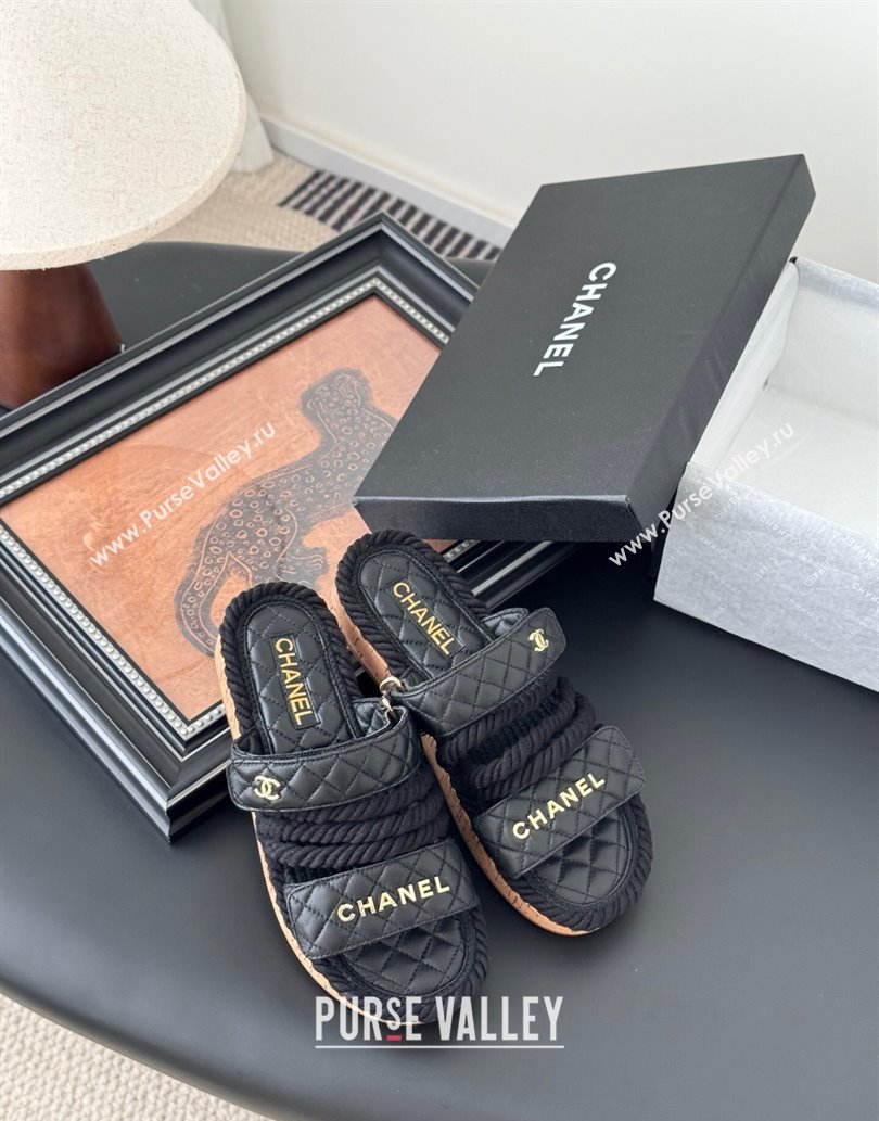 Chanel Quilted Calfskin Cord Slides Sandal Black 2025 CH061013 (MD-250610076)