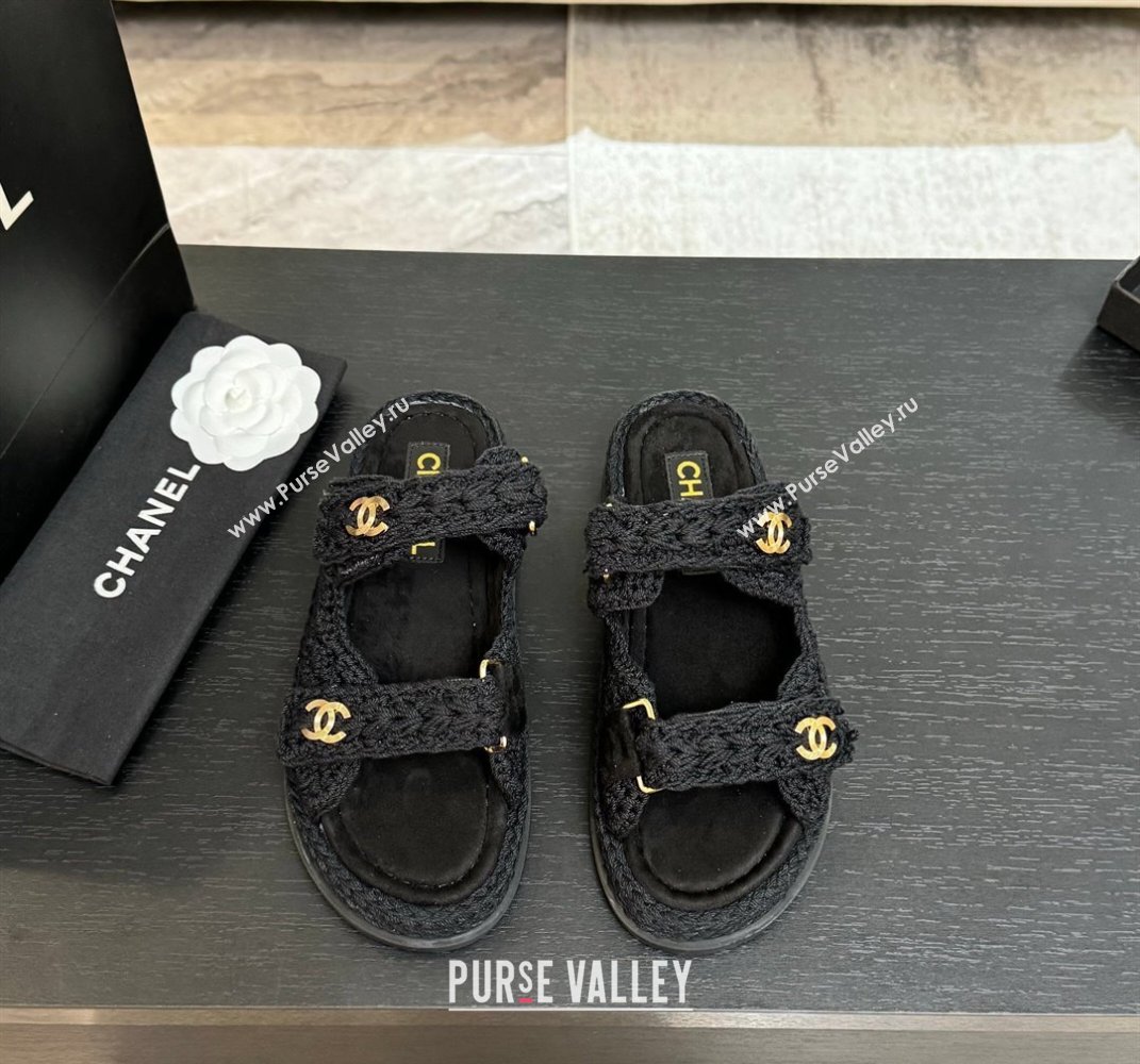 Chanel Crochet Strap Flat Slides Sandal Black 2025 CH061012 (MD-250610068)