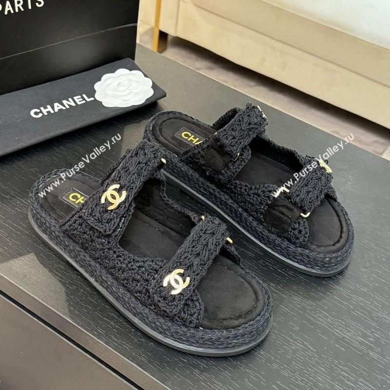 Chanel Crochet Strap Flat Slides Sandal Black 2025 CH061012 (MD-250610068)