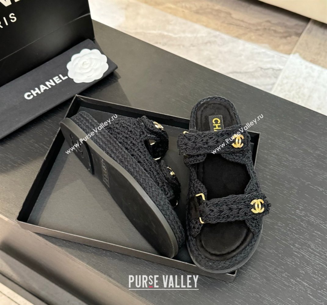 Chanel Crochet Strap Flat Slides Sandal Black 2025 CH061012 (MD-250610068)
