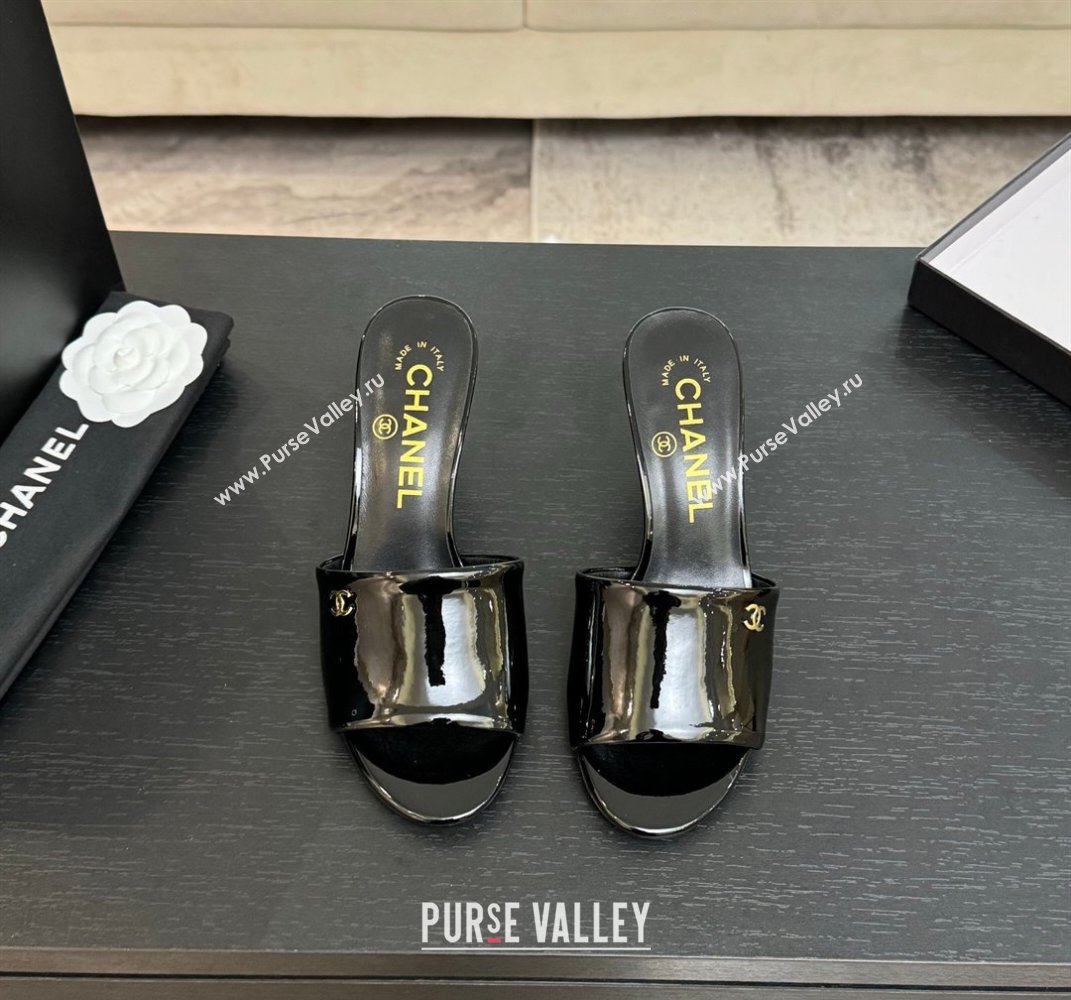 Chanel Patent Calfskin Heel Slides Sandal 7cm Black 2025 CH061016 (MD-250610100)