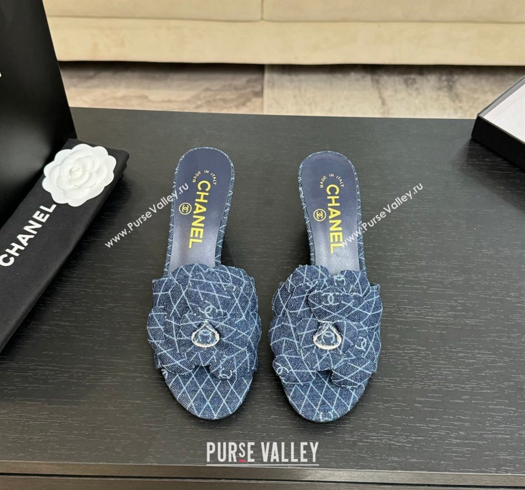 Chanel Denim Heel Slides Sandal 7cm with Camellia Navy Blue 2025 CH061017 (MD-250610102)
