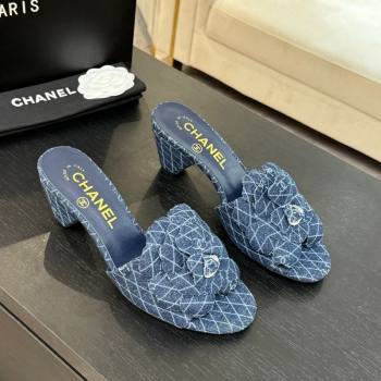 Chanel Denim Heel Slides Sandal 7cm with Camellia Navy Blue 2025 CH061017 (MD-250610102)