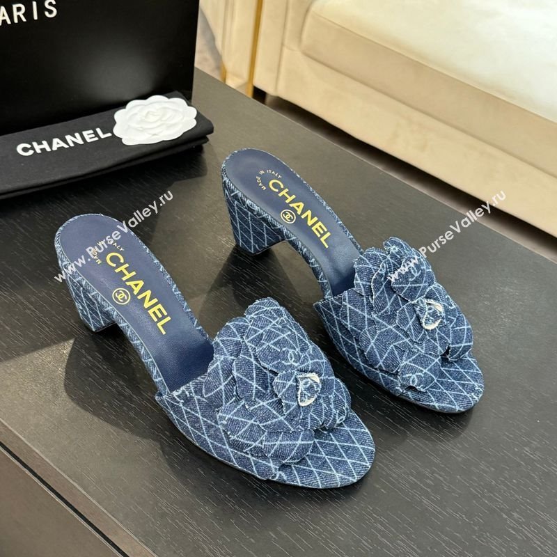 Chanel Denim Heel Slides Sandal 7cm with Camellia Navy Blue 2025 CH061017 (MD-250610102)