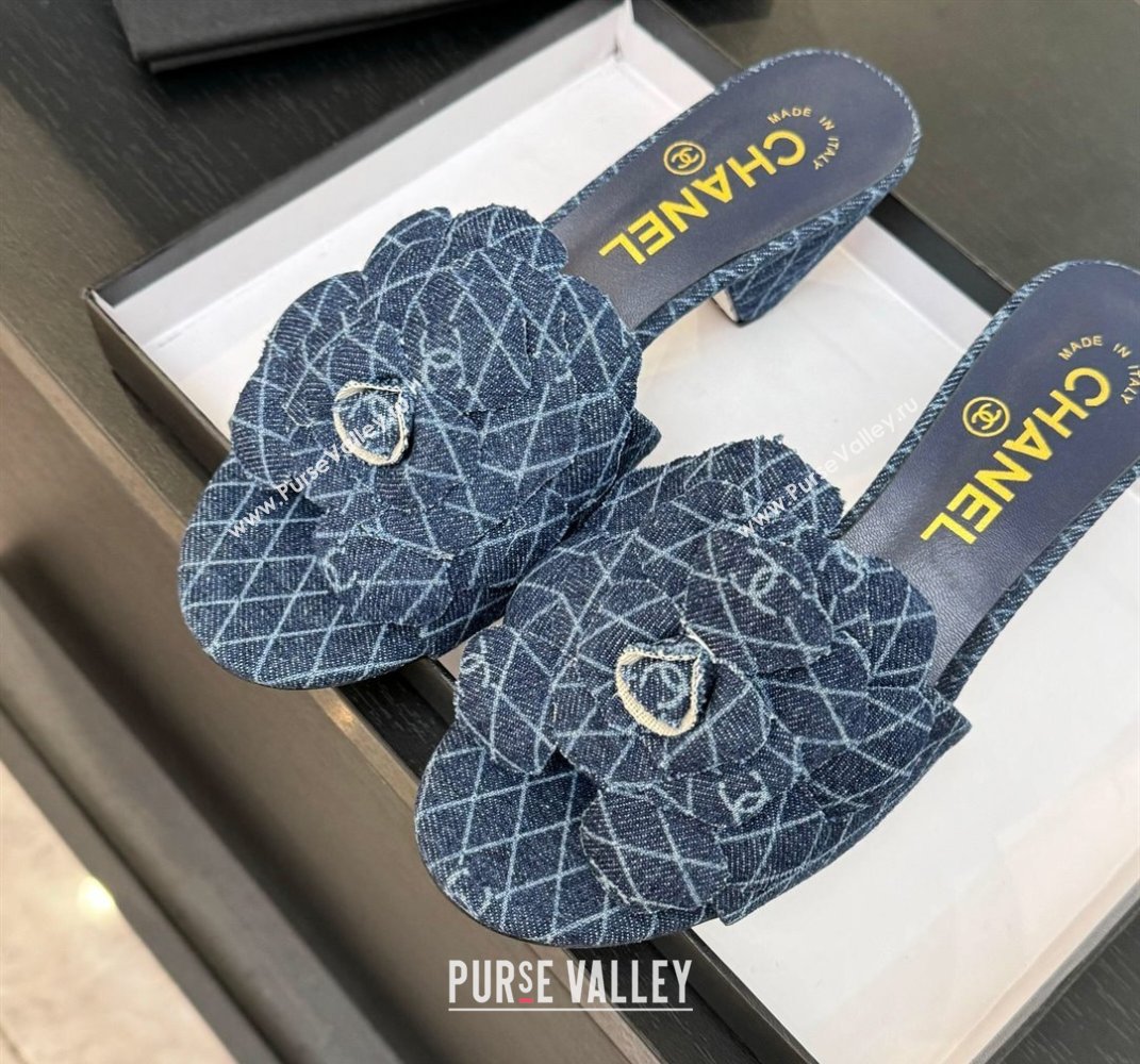 Chanel Denim Heel Slides Sandal 7cm with Camellia Navy Blue 2025 CH061017 (MD-250610102)