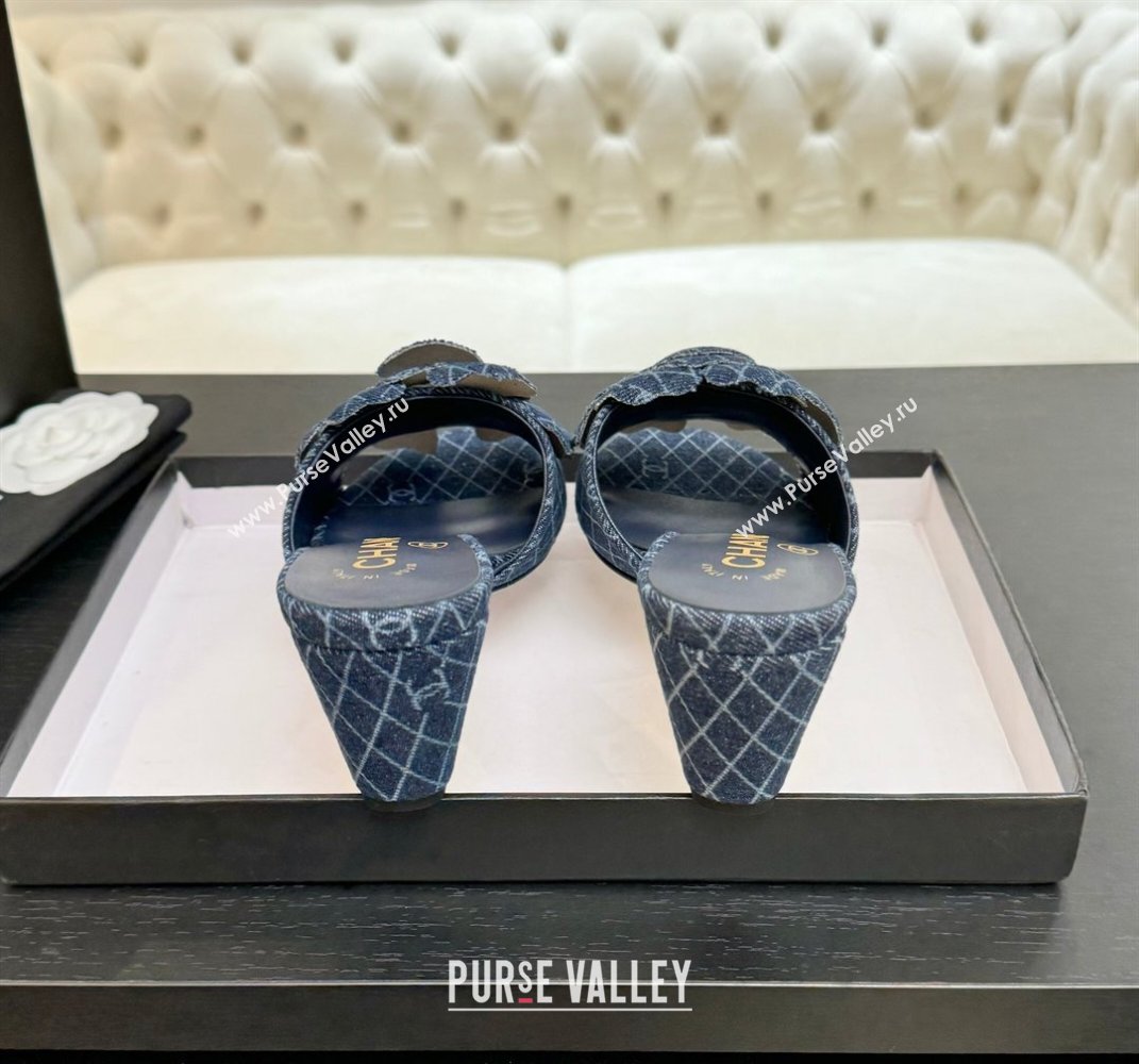 Chanel Denim Heel Slides Sandal 7cm with Camellia Navy Blue 2025 CH061017 (MD-250610102)