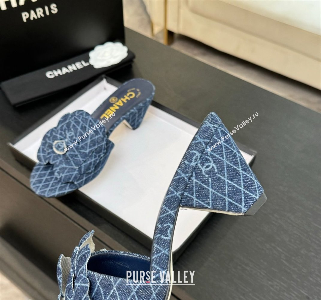 Chanel Denim Heel Slides Sandal 7cm with Camellia Navy Blue 2025 CH061017 (MD-250610102)