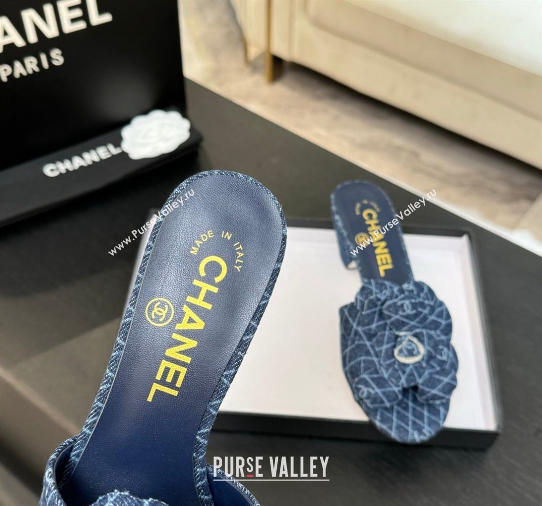 Chanel Denim Heel Slides Sandal 7cm with Camellia Navy Blue 2025 CH061017 (MD-250610102)