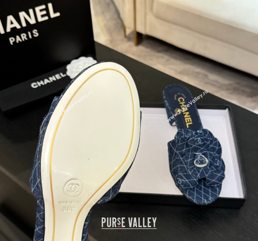 Chanel Denim Heel Slides Sandal 7cm with Camellia Navy Blue 2025 CH061017 (MD-250610102)