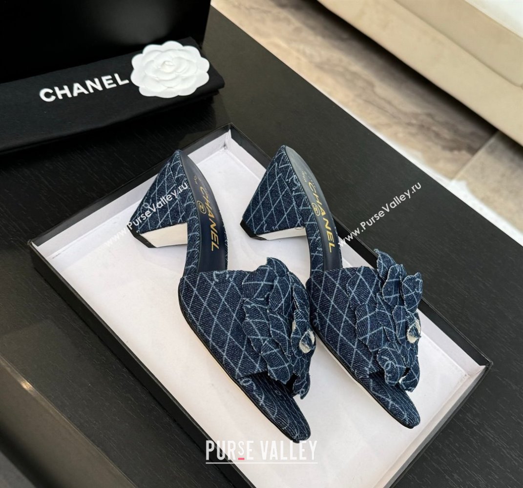 Chanel Denim Heel Slides Sandal 7cm with Camellia Navy Blue 2025 CH061017 (MD-250610102)