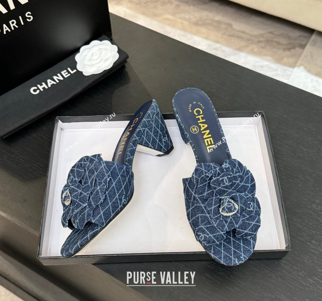 Chanel Denim Heel Slides Sandal 7cm with Camellia Navy Blue 2025 CH061017 (MD-250610102)