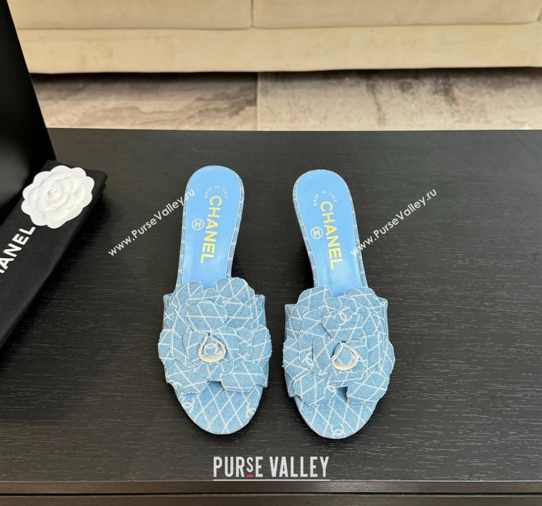 Chanel Denim Heel Slides Sandal 7cm with Camellia Light Blue 2025 CH061017 (MD-250610103)